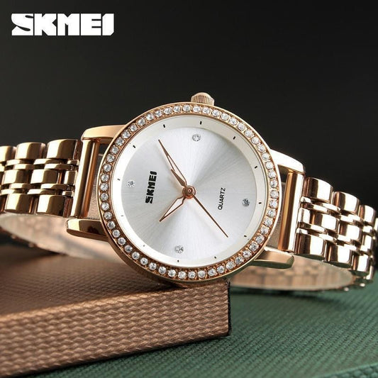 Skmei 1311 Luxury Women Stainless Steel Quartz Rhinestone Fashion Watch for Ladies- Rose Gold