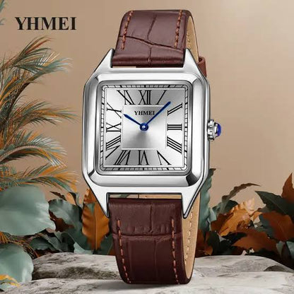 YHMEI 8217 Classic Luxury Square Dial Fashionable leather straps Business Wrist watch for Women- Brown