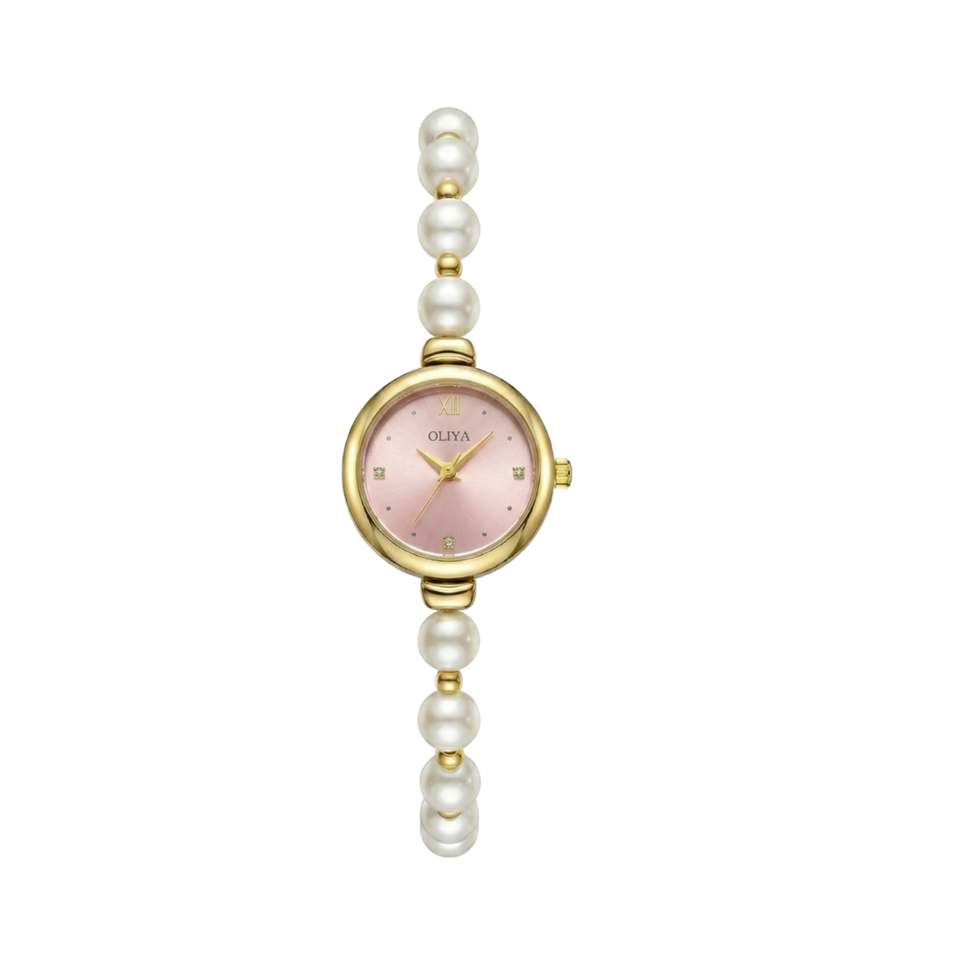 Oliya 993 Women’s Pearl Bracelet Wristwatch – Elegant Pink Dial Ladies Watch
