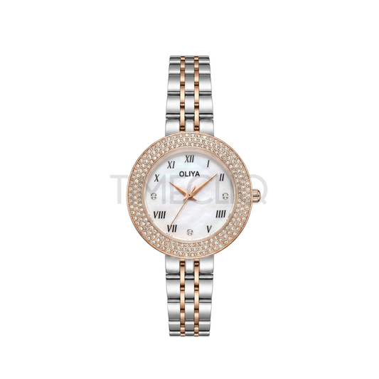 Oliya 6802 Women’s Two-Tone Watch – Crystal Stone Border & Pearly Dial | Elegant Ladies Watch