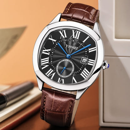 YHMEI 8240 Trendy style Leather Straps quartz Movement Wrist Men watch- Brown Black