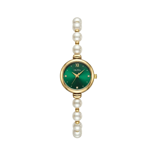 Oliya 993 Women’s Pearl Bracelet Wristwatch – Elegant Deep Green Dial Ladies Watch