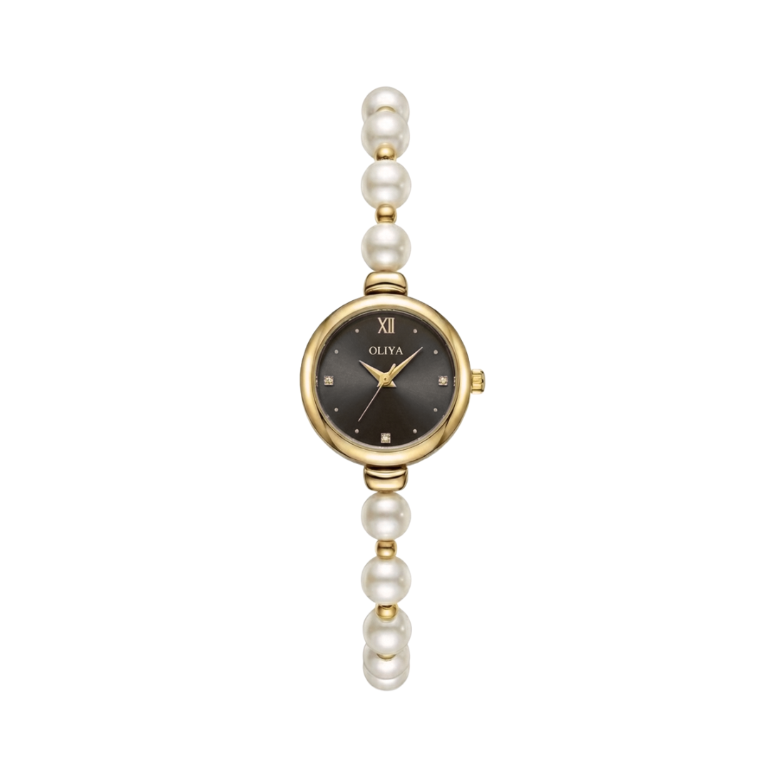 Oliya 993 Women’s Pearl Bracelet Wristwatch – Elegant Black Dial Ladies Watch