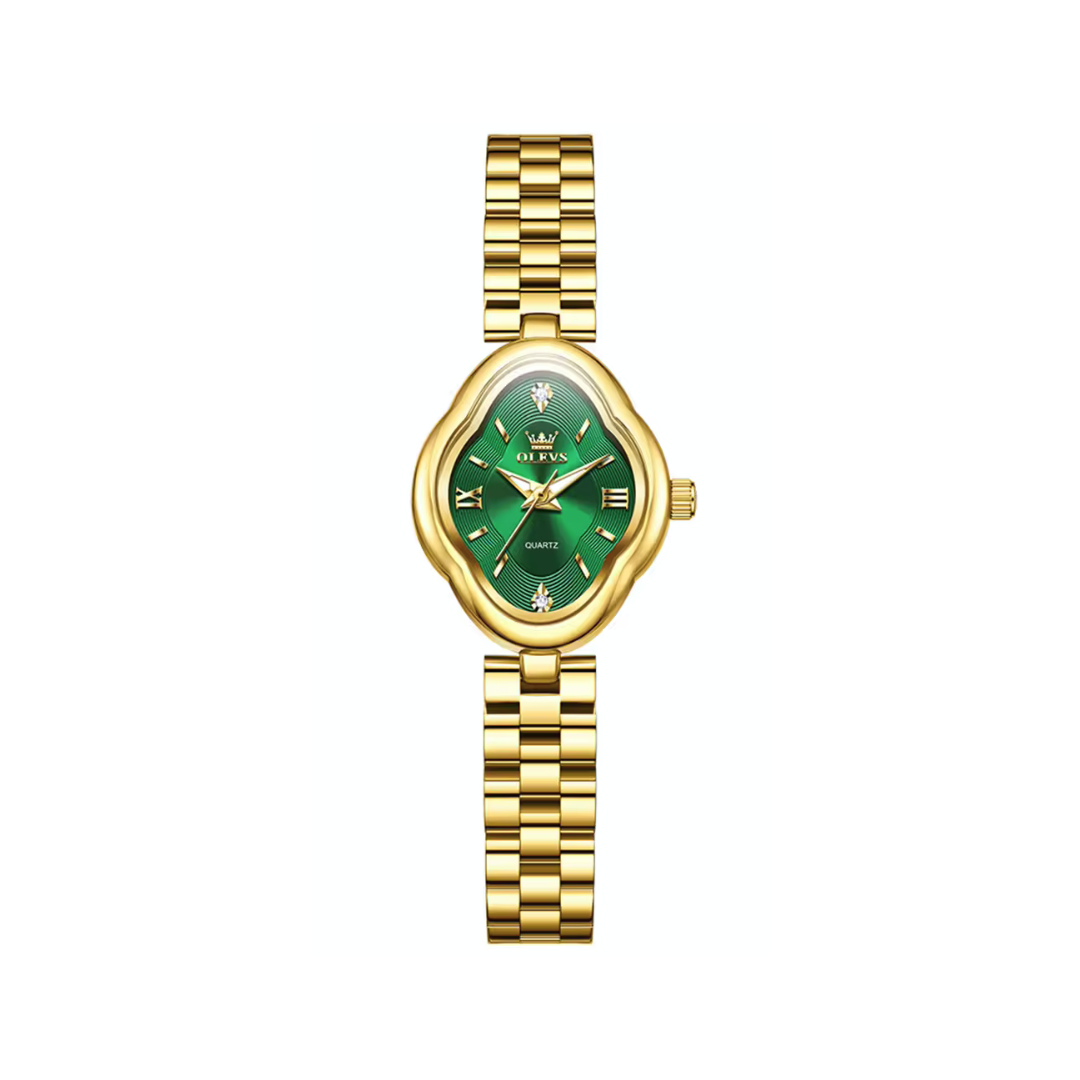 OLEVS 5666 Ladies Quartz Watch Stainless Steel Band- Green Dial