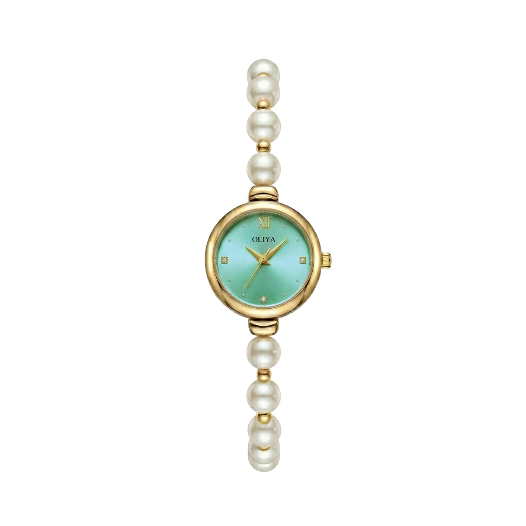 Oliya 993 Women’s Pearl Bracelet Wristwatch – Elegant Mint Green Dial Ladies Watch