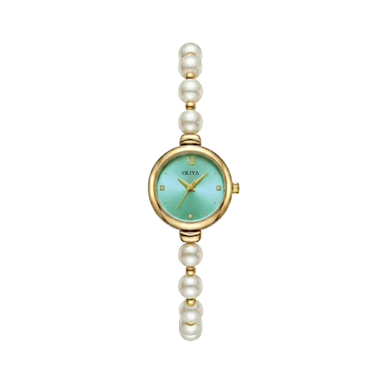 Oliya 993 Women’s Pearl Bracelet Wristwatch – Elegant Mint Green Dial Ladies Watch