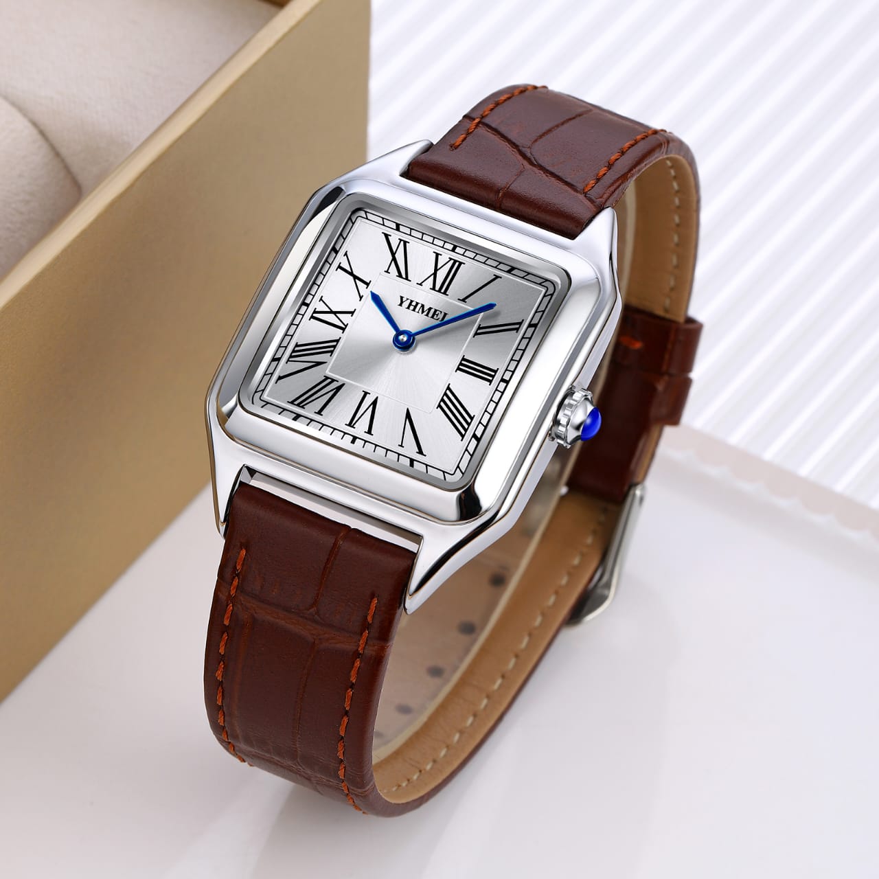 YHMEI 8217 Classic Luxury Square Dial Fashionable leather straps Business Wrist watch for Women- Brown