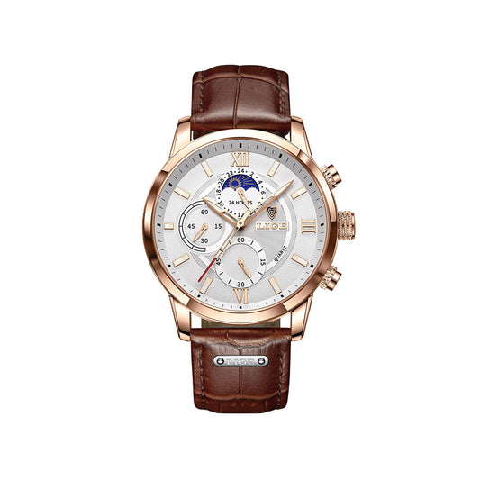 LIGE 8932 Man Casual Leather Chronograph Wristwatch - Brown White