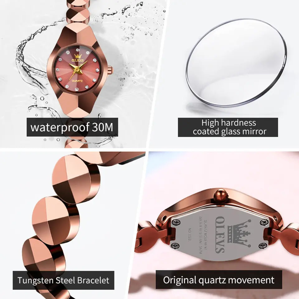 OLEVS 7007 Luxury Classic Tungsten Steel Strap Fashion business Quartz Watch for Women- Rose Gold