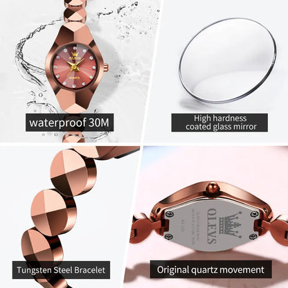OLEVS 7007 Luxury Classic Tungsten Steel Strap Fashion business Quartz Watch for Women- Rose Gold