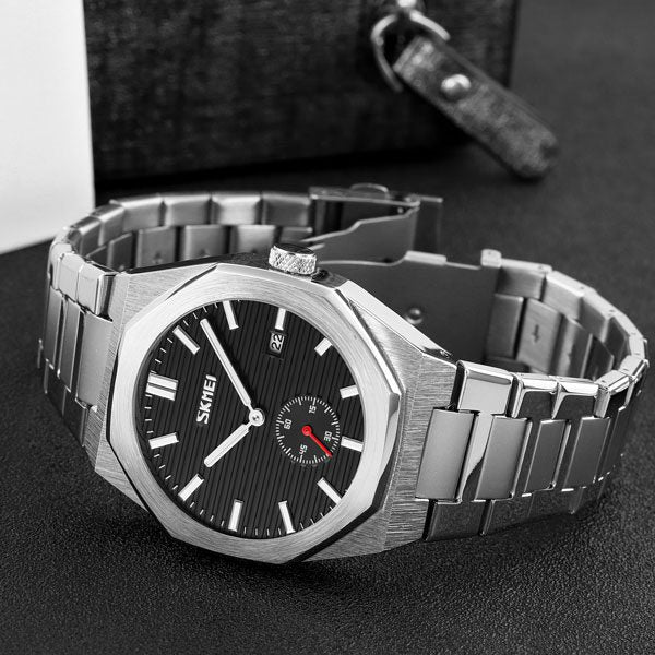 SKMEI 9262 Stainless Steel Band quartz Business Watch For Men's- Silver & Black
