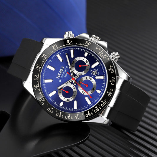 SKMEI 9275 Men’s Business Chronograph Date Display Silicon Strap Quartz watch- Black & Blue