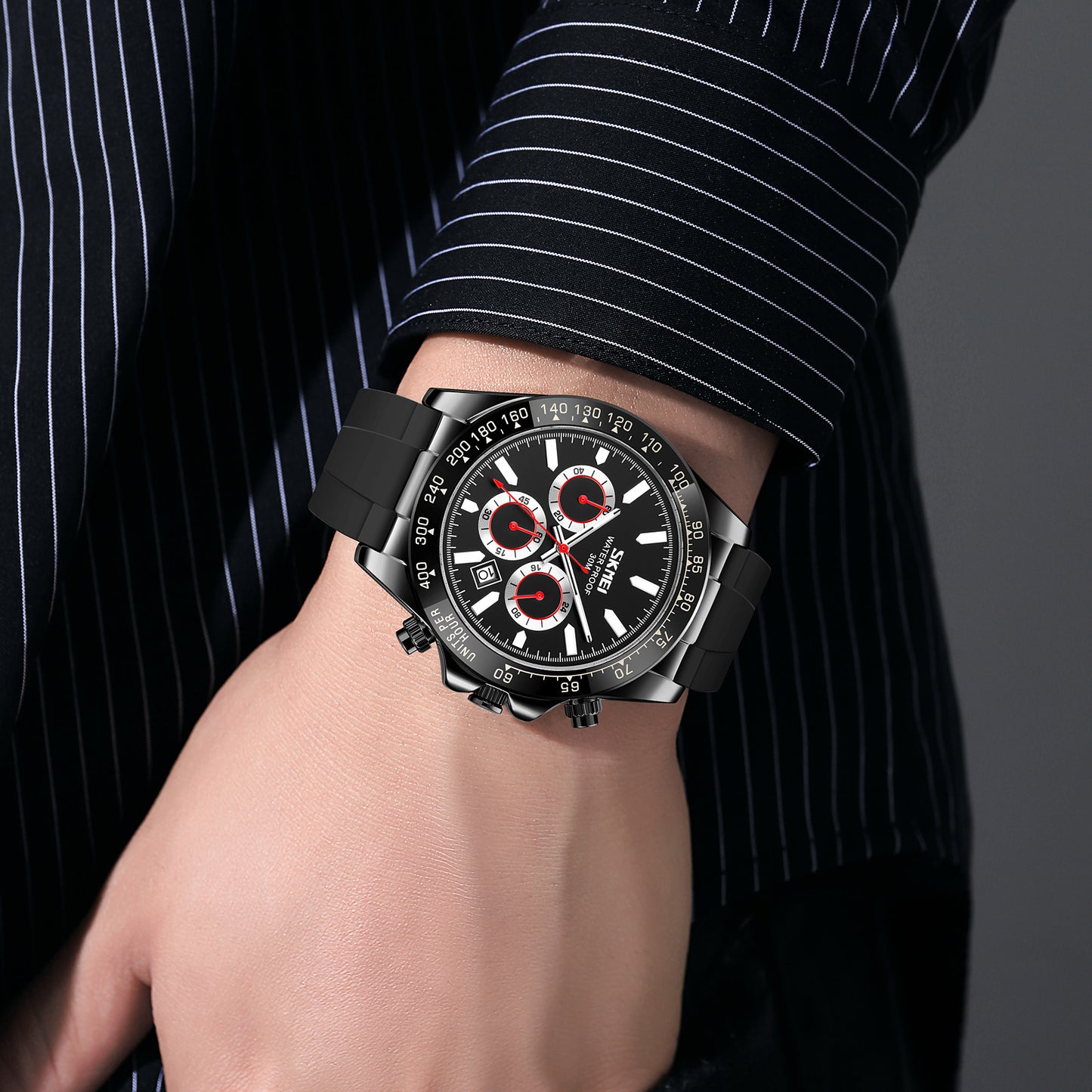 SKMEI 9275 Men’s Business Chronograph Date Display Silicon Strap Quartz watch- Black