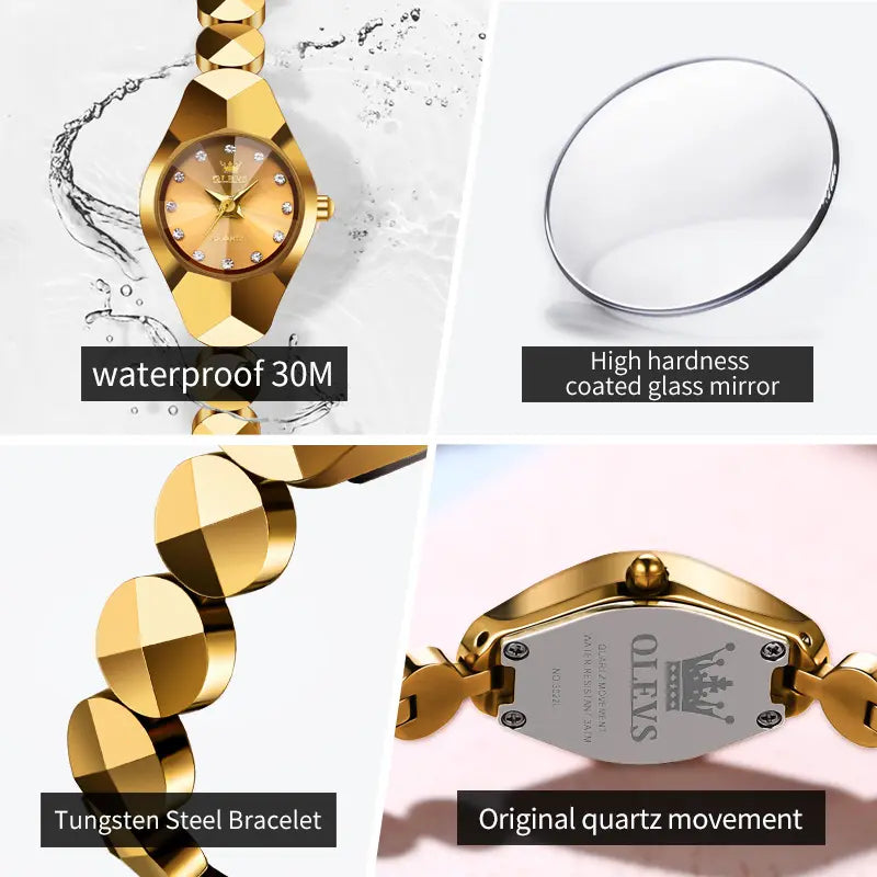 OLEVS 7007 Luxury Classic Tungsten Steel Strap Fashion business Quartz Watch for Women- Gold
