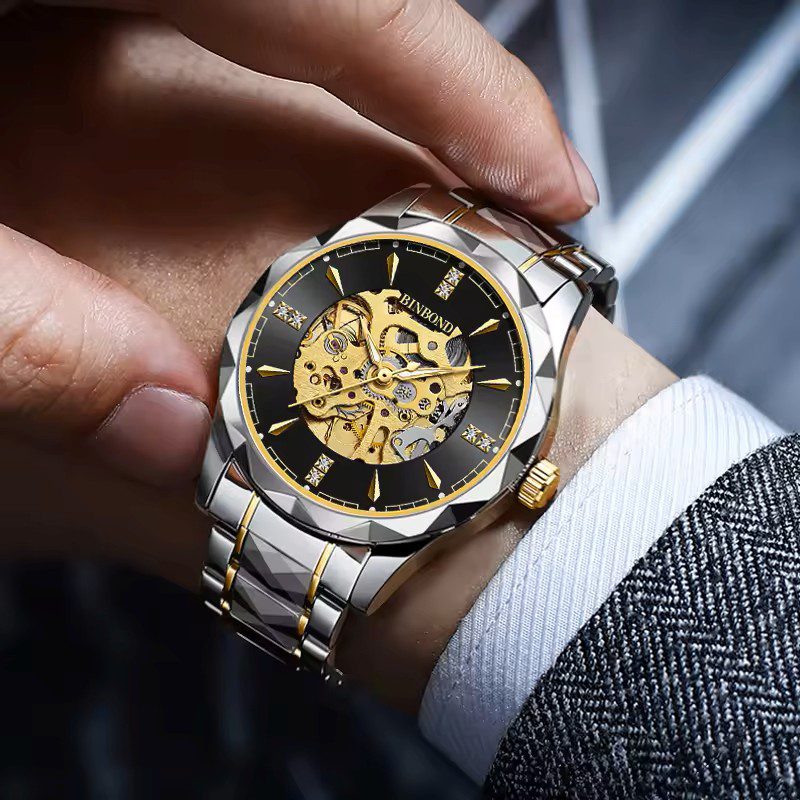 BINBOND 5059 Luxury Automatic Mechanical Movement Steel Men's Watch-Silver Black