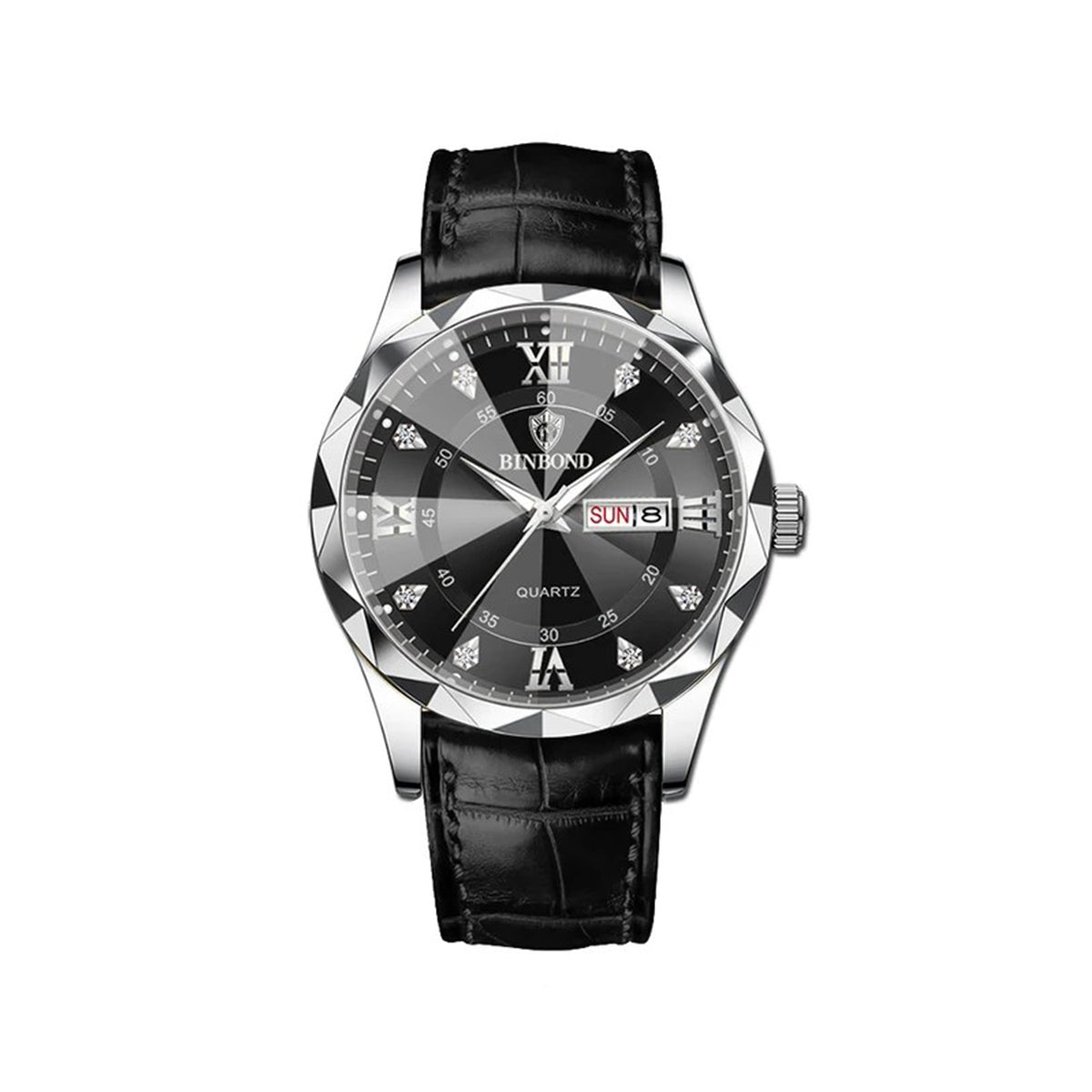 Binbond 2521 Luxury Fashion Leather Strap Quartz Men's Watch-Black Silver