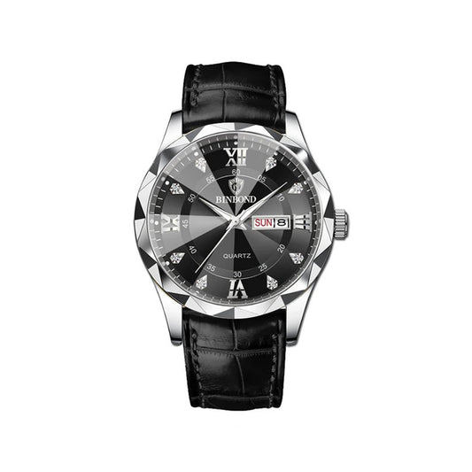 Binbond 2521 Luxury Fashion Leather Strap Quartz Men's Watch-Black Silver
