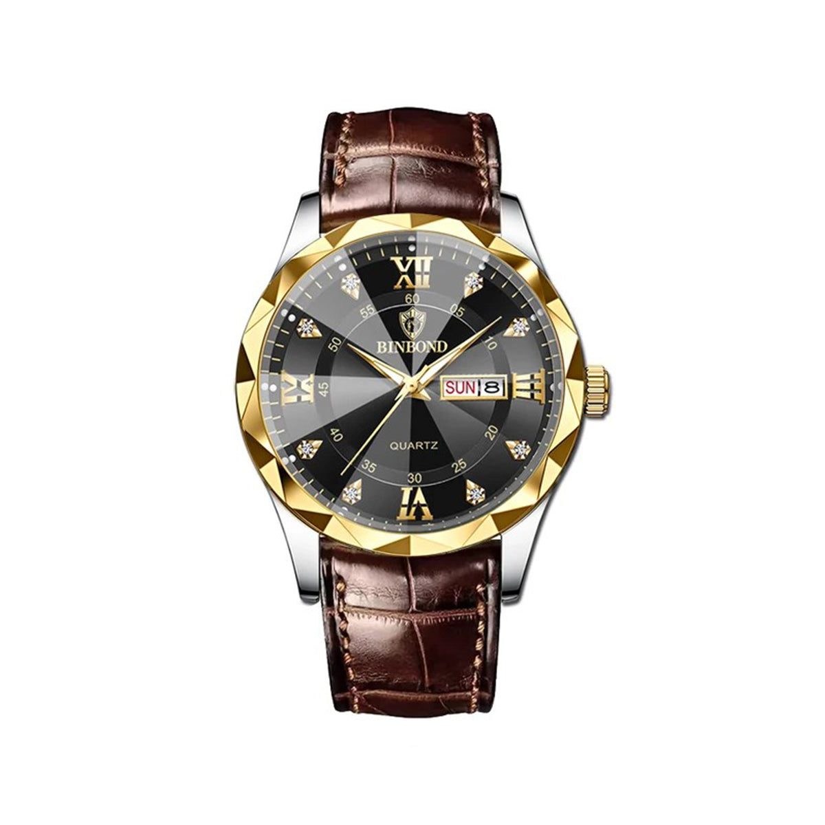 Binbond 2521 Luxury Fashion Leather Strap Quartz Men's Watch-Gold Black