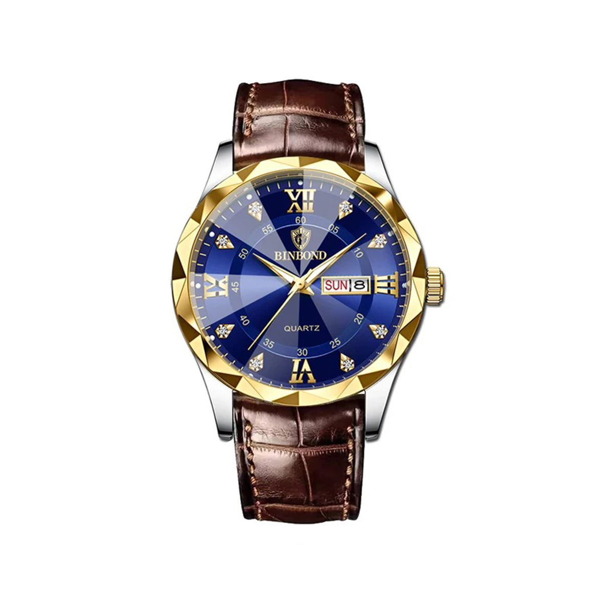Binbond 2521 Luxury Fashion Leather Strap Quartz Men's Watch-Gold Blue