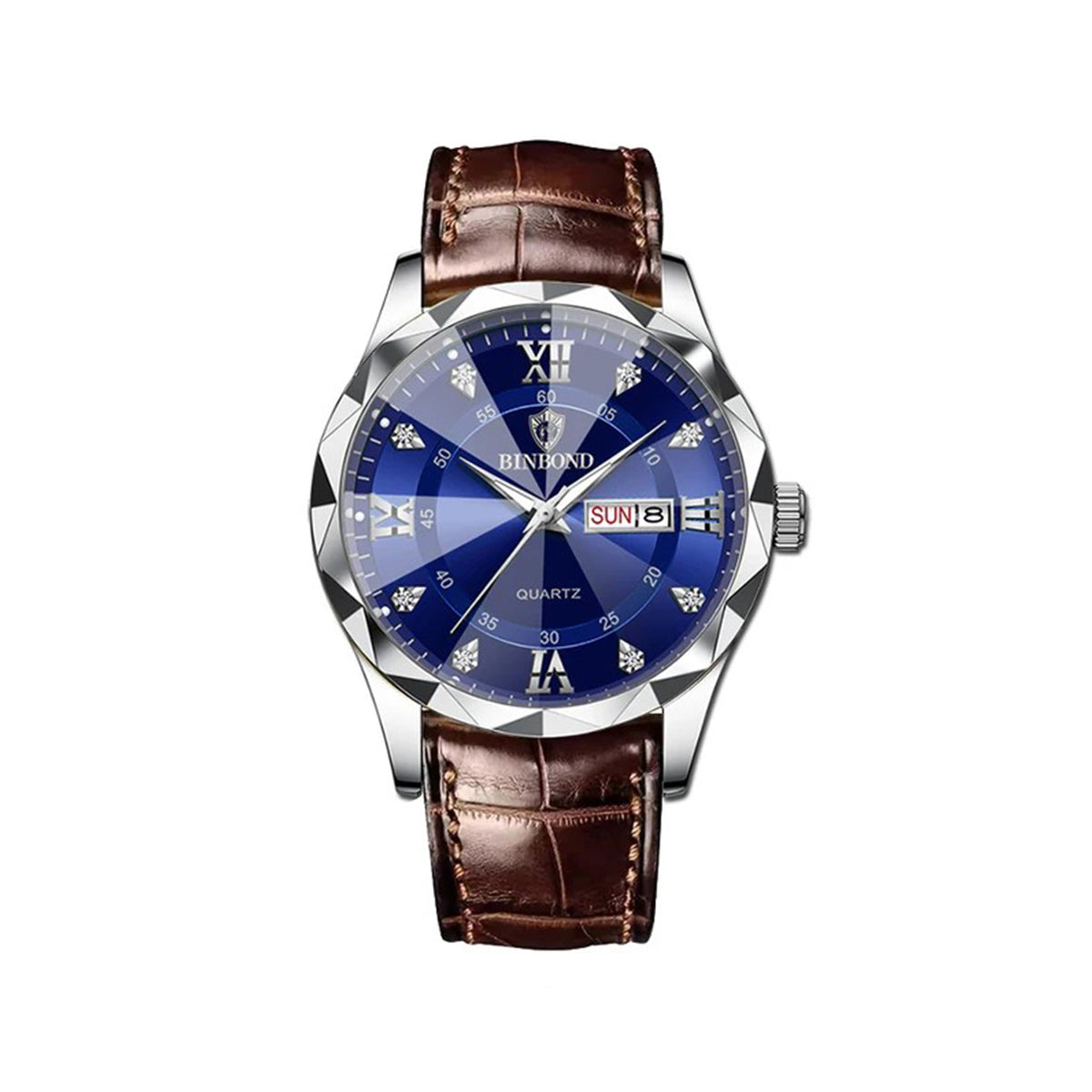 Binbond 2521 Luxury Fashion Leather Strap Quartz Men's Watch-Silver Blue