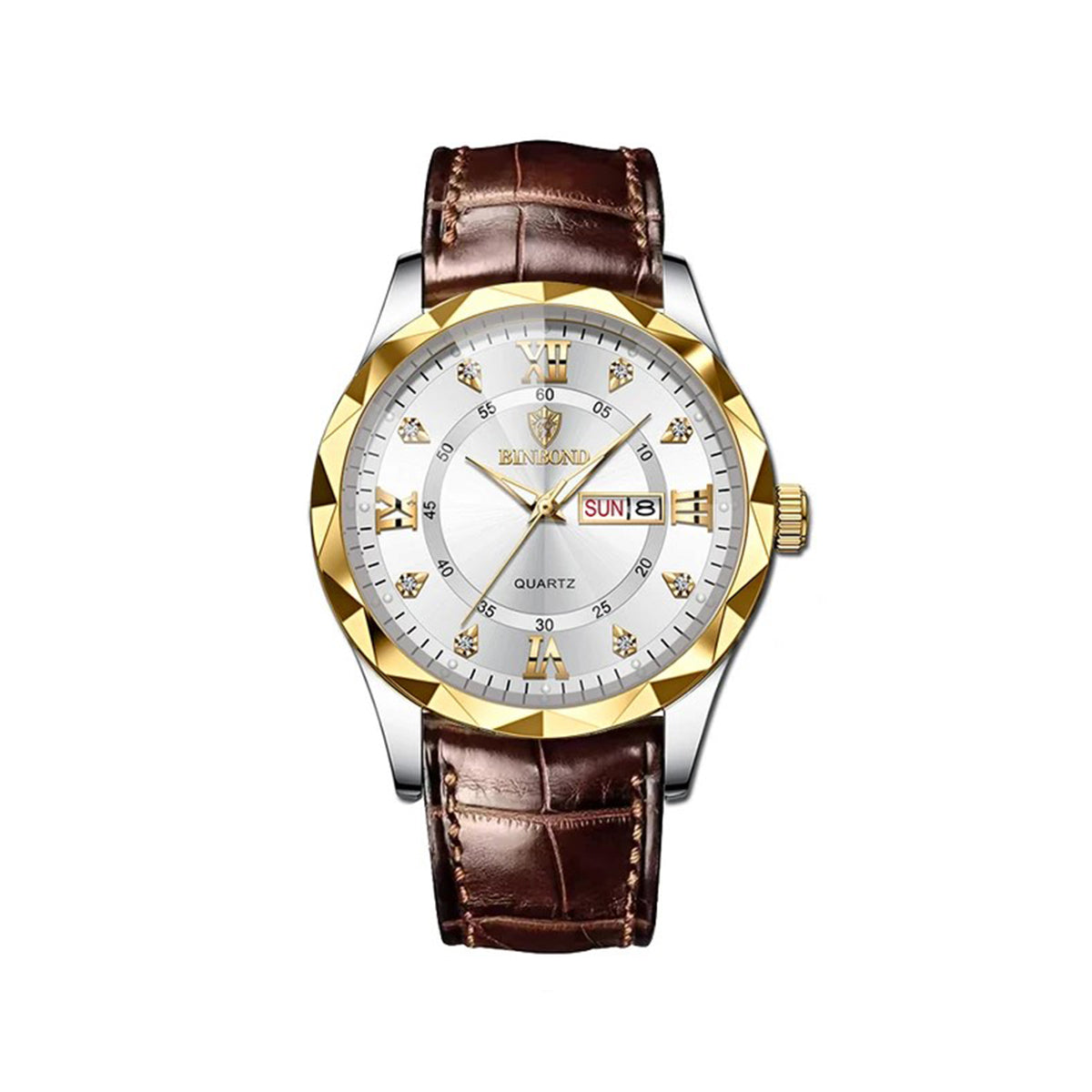 Binbond 2521 Luxury Fashion Leather Strap Quartz Men's Watch-Silver Gold