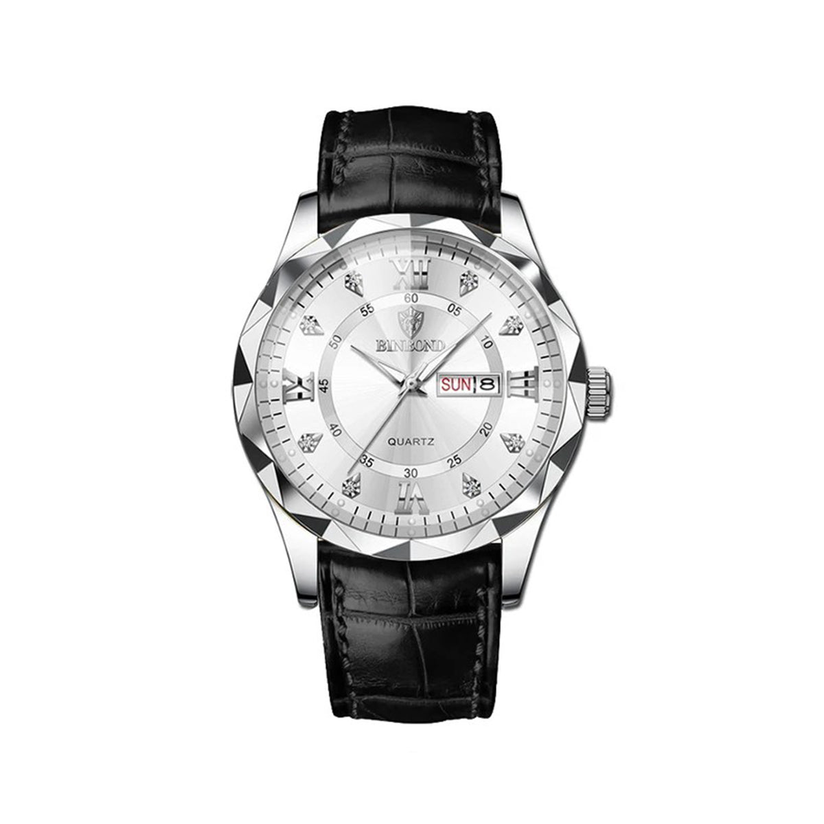 Binbond 2521 Luxury Fashion Leather Strap Quartz Men's Watch-Silver White
