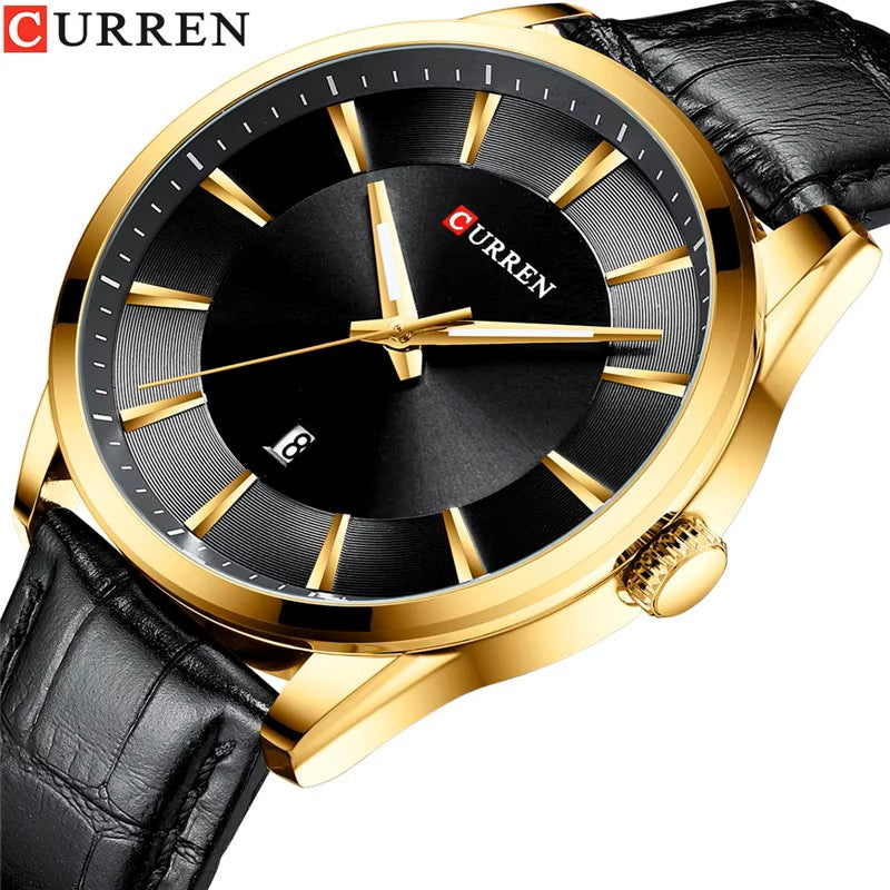 CURREN 8365 Simple Casual Quartz Leather Belt Watch For Men-Gold Black