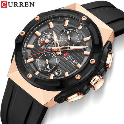CURREN 8462 Chronograph Luminous Casual Silicon Strap Watch for Men- Black