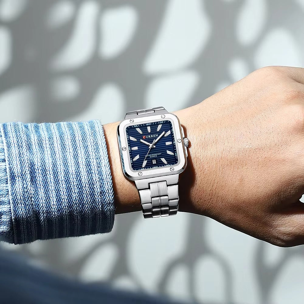CURREN 8479 Elegant Fashion Square Dial Men's Watch-Silver Blue