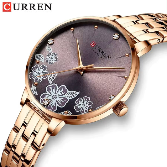 CURREN 9068 Luxury Steel Strap Quartz Ladies Watch-Rose Gold Coffee