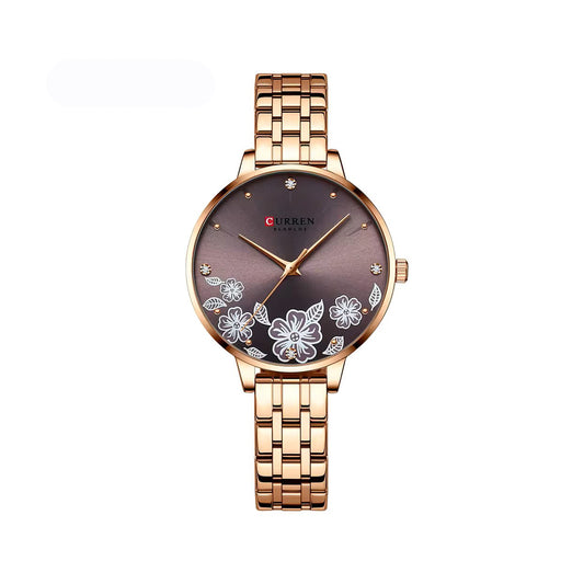 CURREN 9068 Luxury Steel Strap Quartz Ladies Watch-Rose Gold Coffee