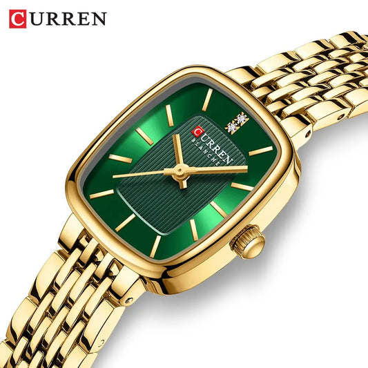 CURREN 9093 Luxury Square Stainless Steel Ladies Watch-Gold Green