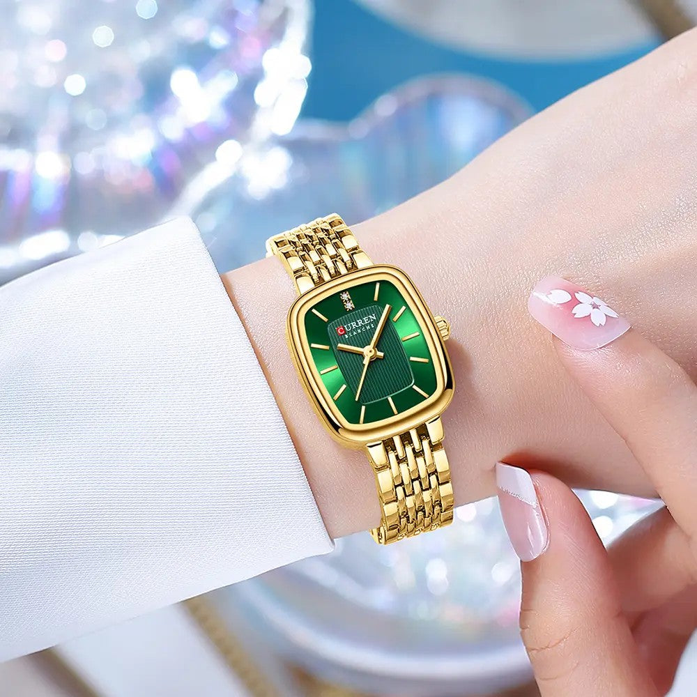 CURREN 9093 Luxury Square Stainless Steel Ladies Watch-Gold Green