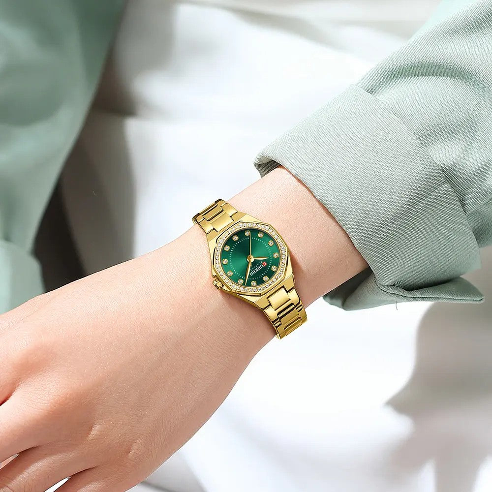 CURREN 9100 Elegant Fashion Stainless Steel Ladies Watch-Gold Green