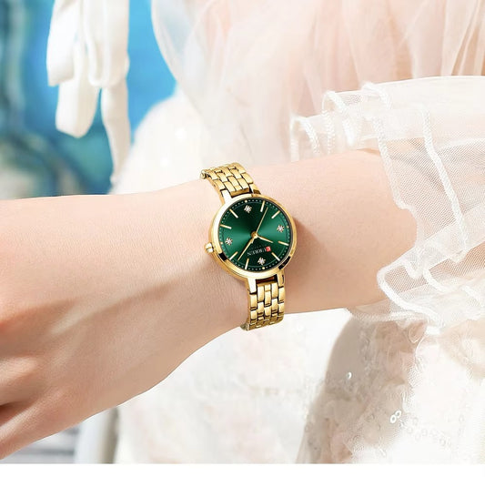 CURREN 9106 Luxury Stone Quartz Ladies Watch-Gold Green