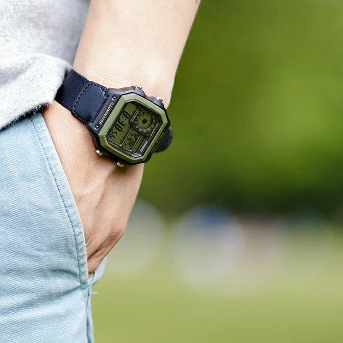 CASIO AE-1200WHB-1BV Military-Style Digital Watch with Black Nylon Strap