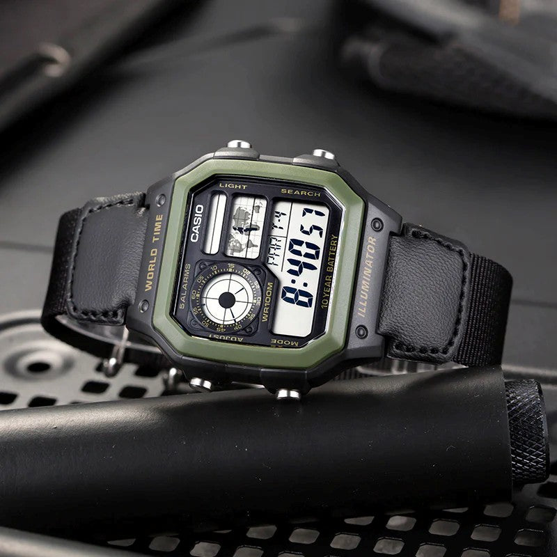 CASIO AE-1200WHB-1BV Military-Style Digital Watch with Black Nylon Strap
