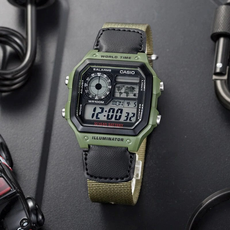 CASIO AE-1200WHB-3BV Military-Style Digital Watch with Green Nylon Strap