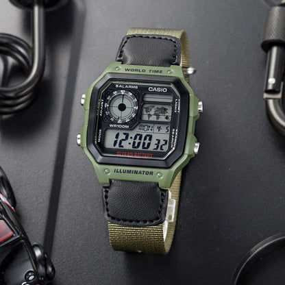 CASIO AE-1200WHB-3BV Military-Style Digital Watch with Green Nylon Strap