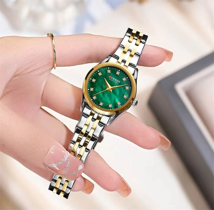 Curren 9111 Simple Diamonds Design Ladies Watch-Gold Green