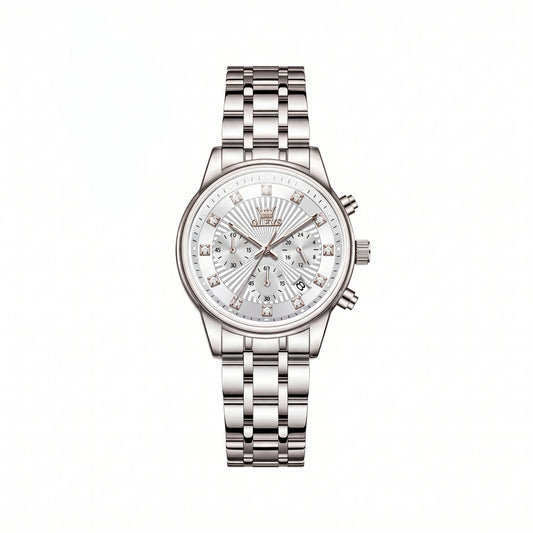 OLEVS 3669 Luxury Fashion Chronograph Ladies Watch- Silver White