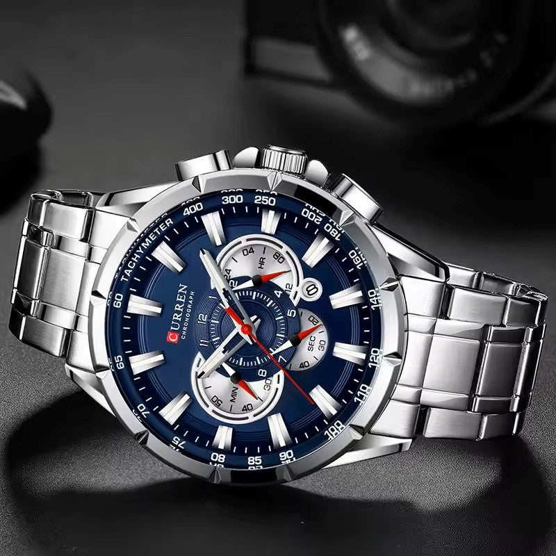 CURREN 8363 Active Chronograph Luminous Hands Men’s Stainless steel Luxury Quartz Watch- Silver & Blue