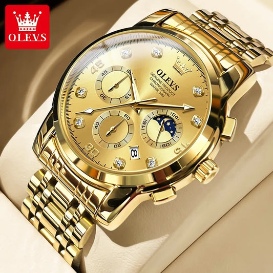 Olevs 2889 Luxury Chronograph Stainless Steel Luminous Quartz Men watch- Gold