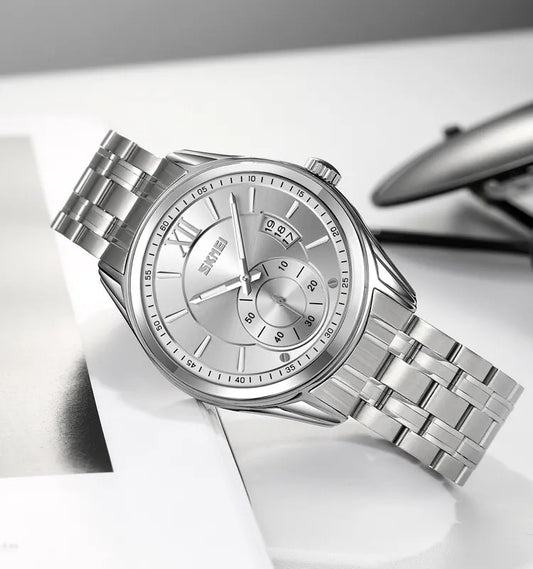 Skmei 9319 Quartz Luminous Luxury Stainless Steel Classic Calendar Men’s Wrist-watches- Silver
