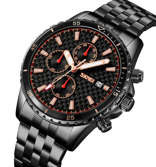SKMEI 9334 Chronograph Stainless Steel Men's Quartz Watch- Black