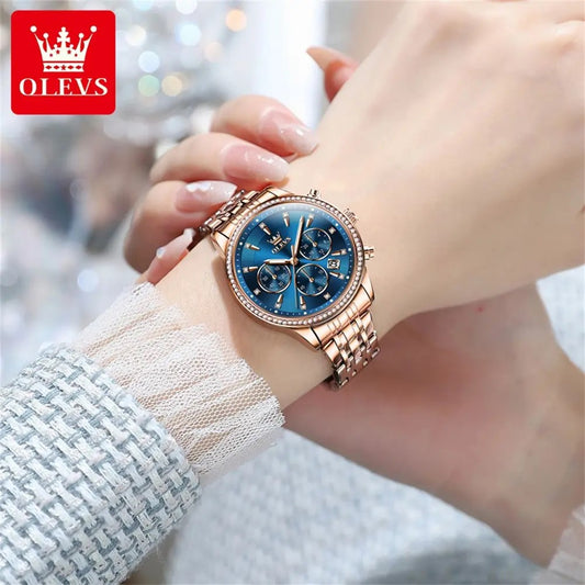 OLEVS 5582 Quartz Chronograph Watch for Women - Rose Gold & Blue