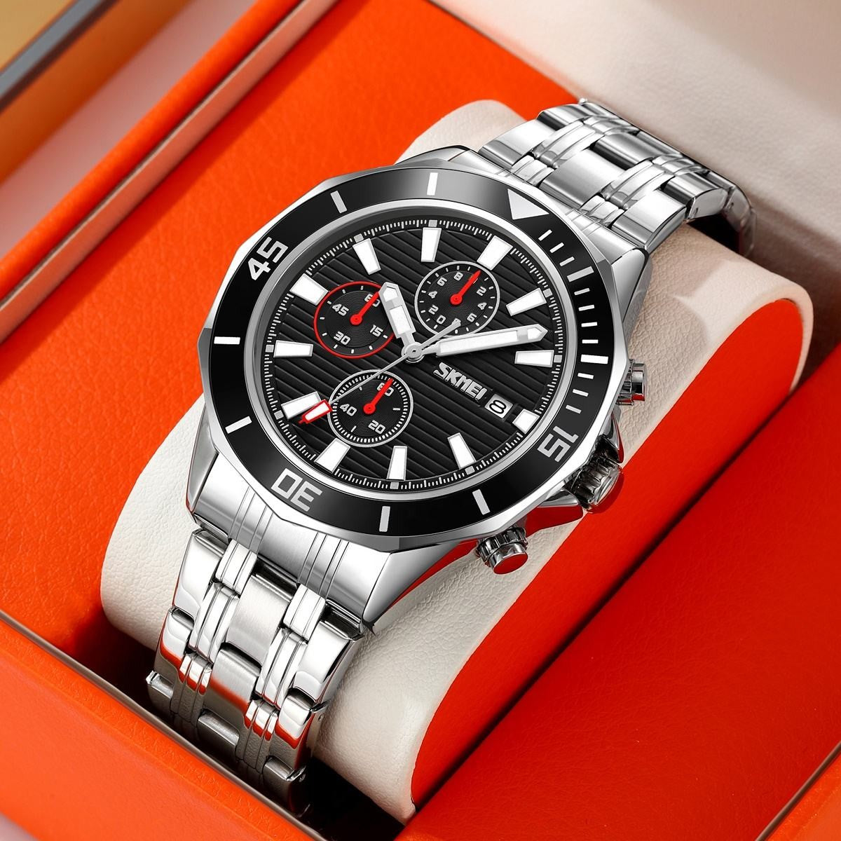 SKMEI 9335 Active Chronograph Quartz Stainless Steel High Quality Luxury Men’s watch- Silver Black