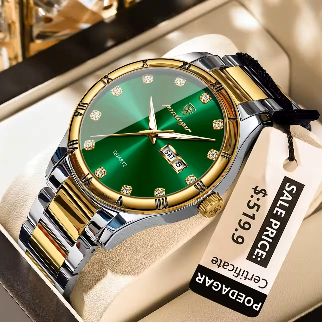 POEDAGAR 878 Luminous Man Wristwatch Top Luxury Date Week Quartz Stainless Steel Men's Watches- Silver Gold & Green