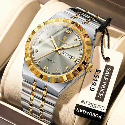 POEDAGAR 872 Luminous Stainless Steel Quartz Day date view Men’s Wristwatch- Silver Gold & Gray