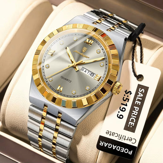 POEDAGAR 872 Luminous Stainless Steel Quartz Day date view Men’s Wristwatch- Silver Gold & Gray